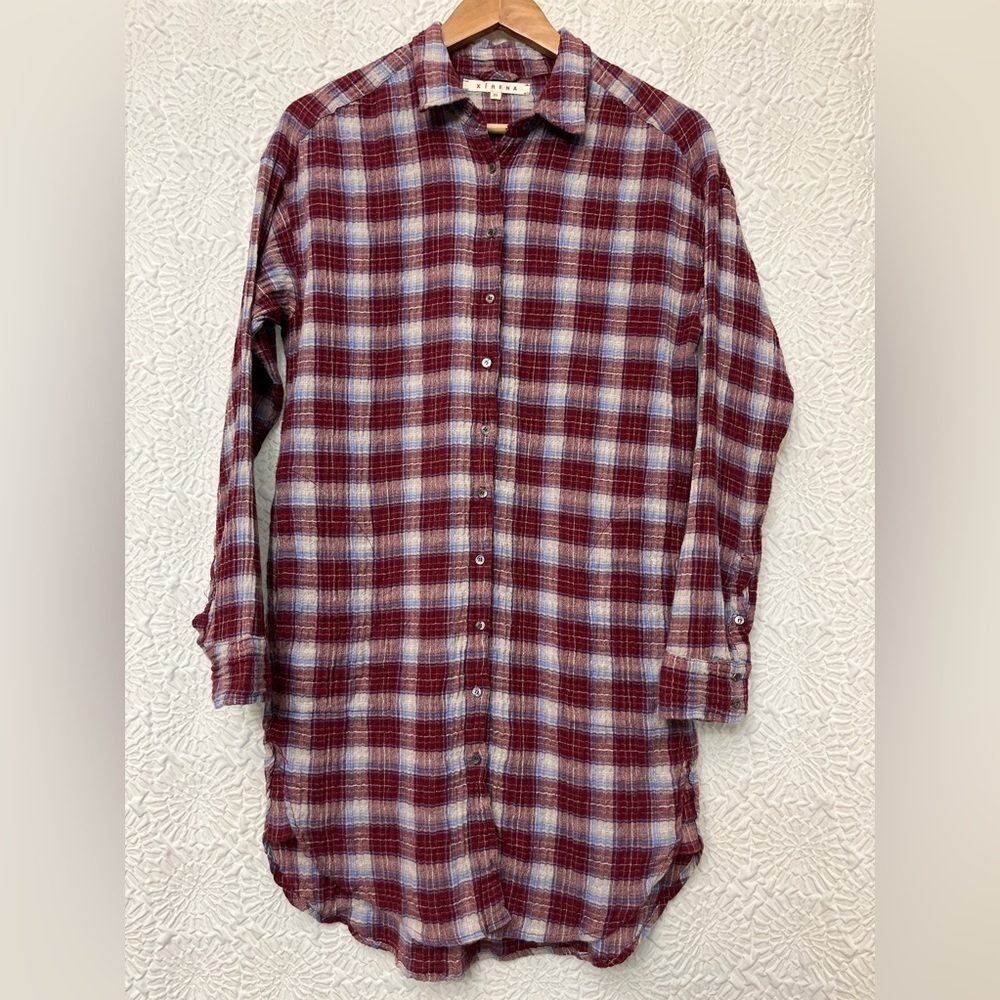 Xirena Shirt Dress Tunic Size XS Plaid Red Cotton Gauze Boho Western Chic GUC